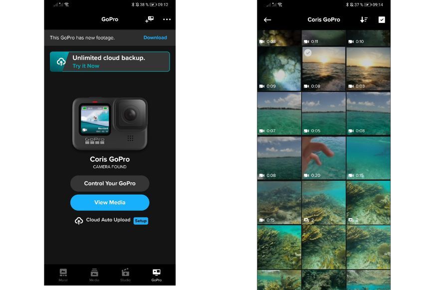 Man sieht den Reiter “GoPro” in der GoPro Quick App.